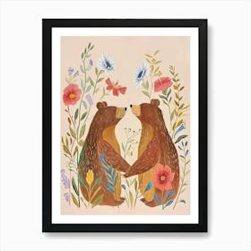 Folksy Floral Animal Drawing Brown Bear Art Print