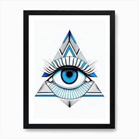 Geometric Eye, Symbol, Third Eye Blue & White 1 Art Print