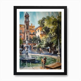 Painting Of A Dog In Tivoli Gardens, Italy In The Style Of Watercolour 02 Art Print