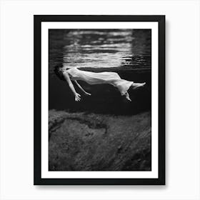 Woman In A White Dress Swimming Underwater, Vintage Black and White Old Photo Art Print