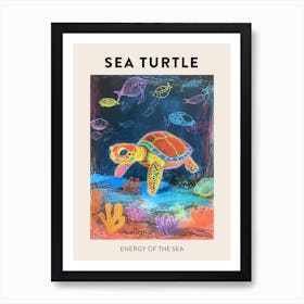 Sea Turtle & Friends At Night In The Ocean Poster Art Print