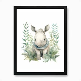 Watercolour Jungle Animal Javan Rhinoceros 7 Art Print