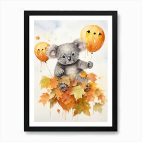 Koala Flying With Autumn Fall Pumpkins And Balloons Watercolour Nursery 4 Art Print