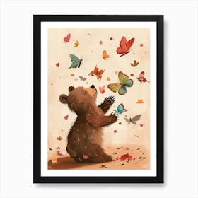 Brown Bear Cub Playing With Butterflies Storybook Illustration 1 Art Print