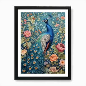 Blue Floral Vintage Peacock Art Print