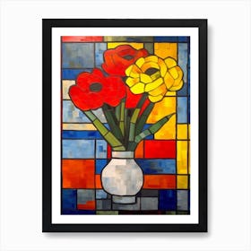 Ranunculus With A Cat 4 De Stijl Style Mondrian Art Print