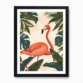 Jamess Flamingo And Philodendrons Minimalist Illustration 1 Art Print