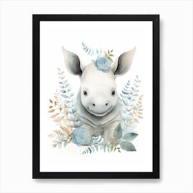 Watercolour Jungle Animal Baby Rhinoceros 2 Art Print