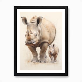 Rhino & Baby Rhino Sepia Illustration 2 Art Print