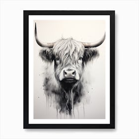 Black & White Watercolour Illustration Of Highland Cow 1 Art Print