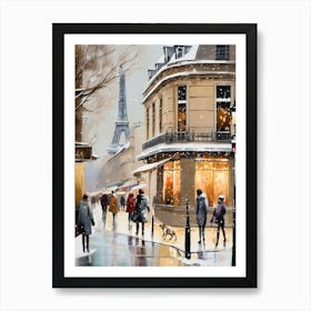 Paris cafes, winter season, Christmas, autumn oil colors, pale colors, pedestrians in the street, winter clothes, falling snow.2 Art Print