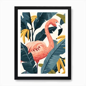American Flamingo And Banana Plants Minimalist Illustration 3 Art Print