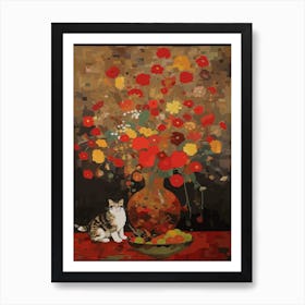 Chrysanthemums With A Cat 4 Art Nouveau Klimt Style Art Print