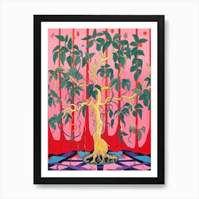 Pink And Red Plant Illustration Rubber Tree 3 Art Print