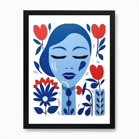 Blue Woman With Flowers Art Print