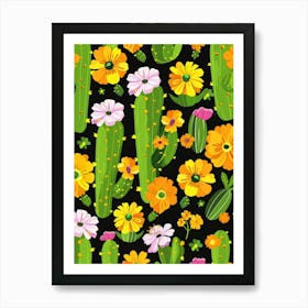 Seamless Pattern With Cactus And Flowers Art Print