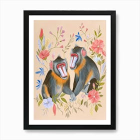 Folksy Floral Animal Drawing Baboon 3 Art Print