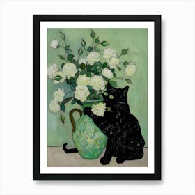 Black Cat Art Print Van Gogh Roses Still Life Funny Art Print