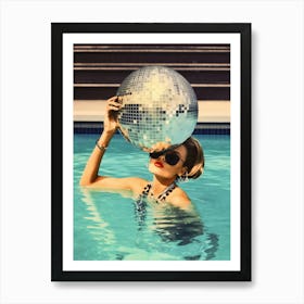 Disco Ball Woman in Pool, Preppy Aesthetic, Summer Art Print