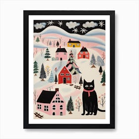 Black Cat Holidays Winter Mountain Village Christmas Art Print