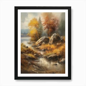 Autumn Lake,Forest Lake, Vintage Oil Painting, Farmhouse Wall Decorations, Antique Landscape, Vintage Landscape Oil Painting.1 1 Art Print