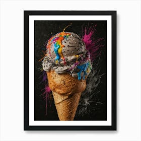 Colorful Ice Cream Cone On Black Background Art Print