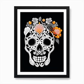 Skull With Floral Patterns 2 Orange Doodle Art Print