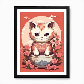 Kawaii Cat Drawings Cherry Blossom Flowers Art Print