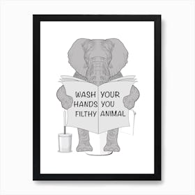 Elephant On Toilet Funny Animal Bathroom Art Print Art Print