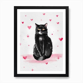 Black Cat With Hearts Art Print