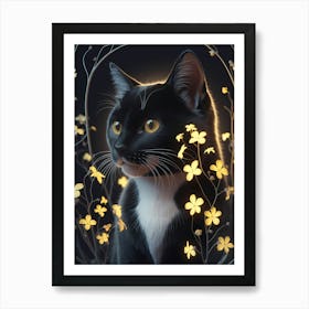 Black Cat With Flowers Art Print