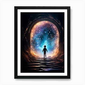 Silhouette Of A Whimsical Child Figure Partways Emerging From A Swirling Portal Polychrome Particl Art Print