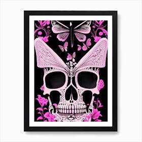 Skull With Butterfly 1 Motifs Pink Linocut Art Print