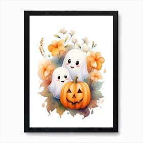 Cute Ghost With Pumpkins Halloween Watercolour 100 Art Print