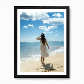 A Girl Walking Along The Beach, Sunny, Sea, Oil Painting Art Print