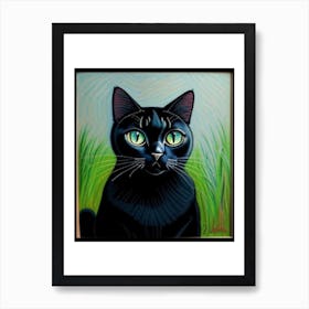Black Cat With Green Eyes AI Look Art Print