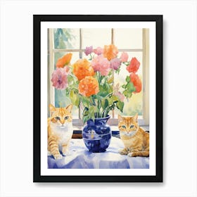 Cat With Ranunculus Flowers Watercolor Mothers Day Valentines 3 Art Print