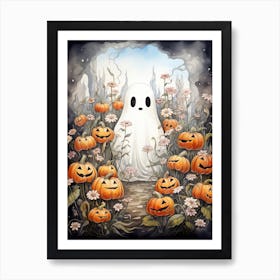 Cute Bedsheet Ghost, Botanical Halloween Watercolour 40 Art Print