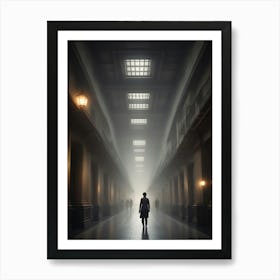 Man Walking Down A Hallway Art Print