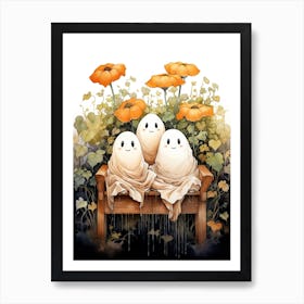 Cute Bedsheet Ghost, Botanical Halloween Watercolour 39 Art Print