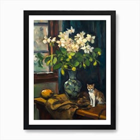 Flower Vase Orchids With A Cat 1 Impressionism, Cezanne Style Art Print