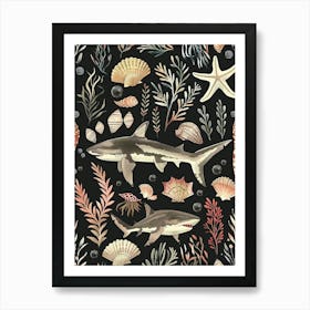 Wobbegong Shark Seascape Black Background Illustration 1 Art Print
