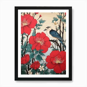 Red Camellia And Bird 2 Vintage Japanese Botanical Art Print