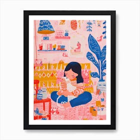 Girl Knitting Lo Fi Kawaii Illustration 3 Poster