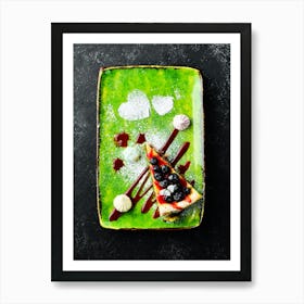 Cheesecake, blueberry berries and jam — Food kitchen poster/blackboard, photo art Art Print