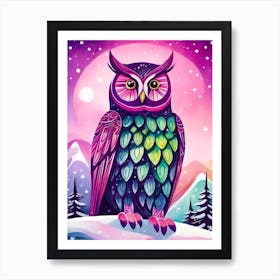 Pink Owl Snowy Landscape Painting (232) Art Print