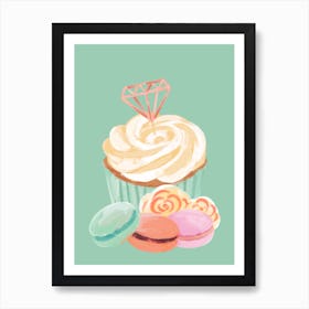 Cupcakes And Macarons with Green background wallart printable Art Print