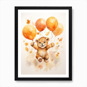 Lion Flying With Autumn Fall Pumpkins And Balloons Watercolour Nursery 3 Art Print