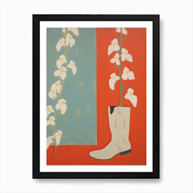 A Painting Of Cowboy Boots With White Flowers, Pop Art Style 17 Art Print