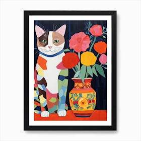 Ranunculus Flower Vase And A Cat, A Painting In The Style Of Matisse 0 Art Print